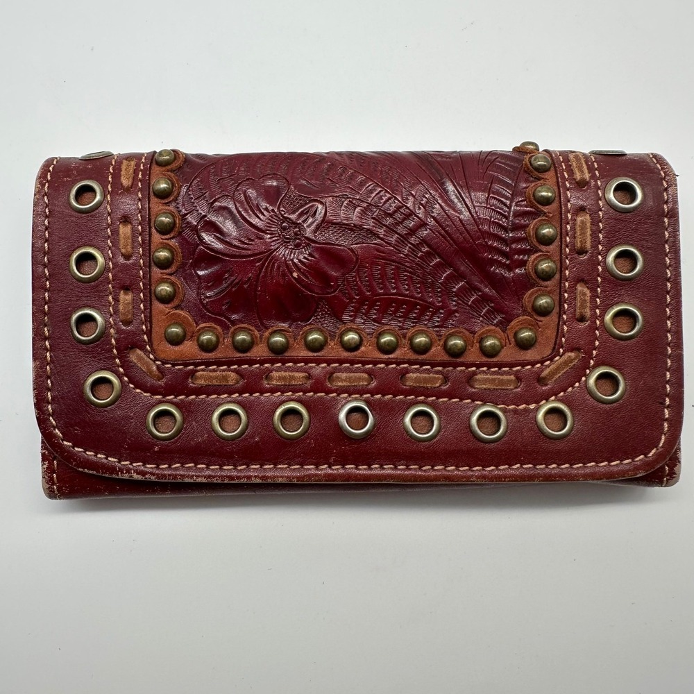 American West Wallet Burgundy Brown Floral Tooled Studded Leather Trifold